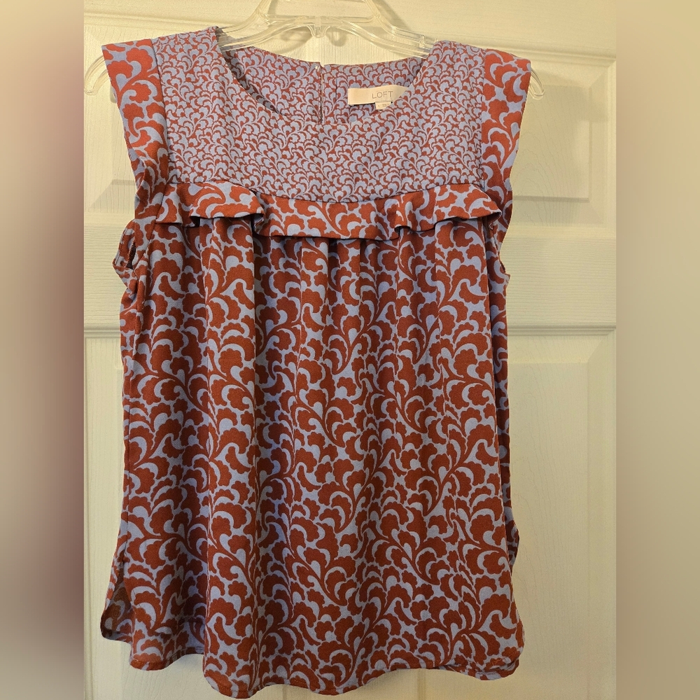 LOFT Women's Sleeveless Top- Maroon, Pale Blue Swirl Pattern.